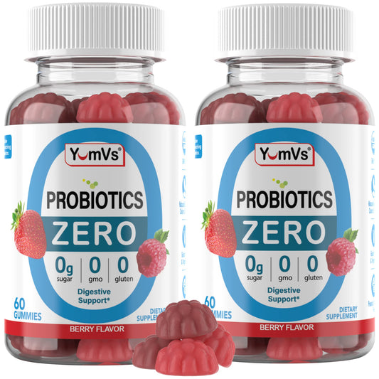 YUM-V'S Sugar Free Probiotic Gummies bottle closeup supports daily digestive balance