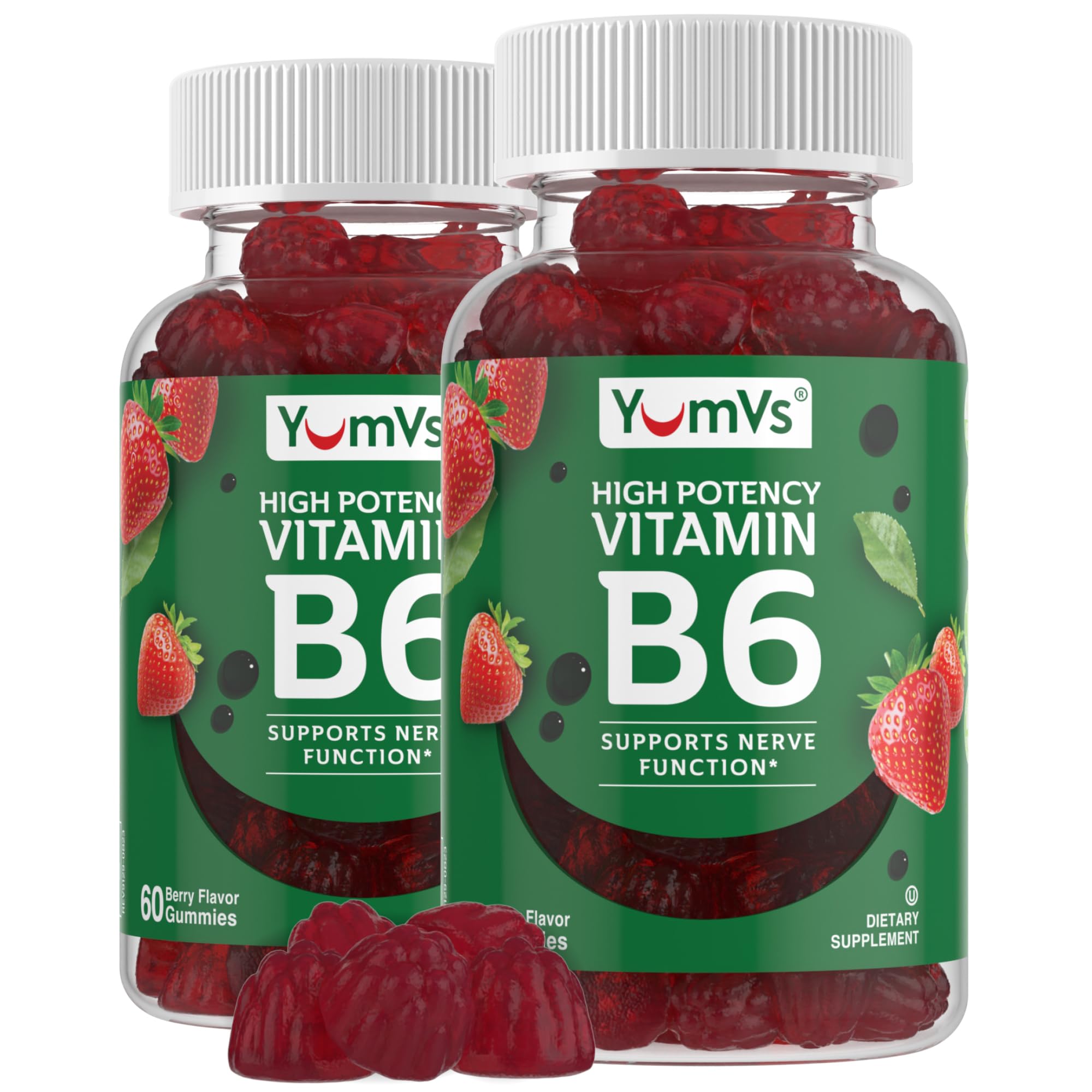 YUM-V'S Vitamin B6 Gummies bottle with strawberry flavor for convenient daily nutrition.