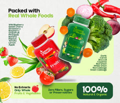 Colorful real fruit and vegetable ingredients behind Yummy and Health capsules.