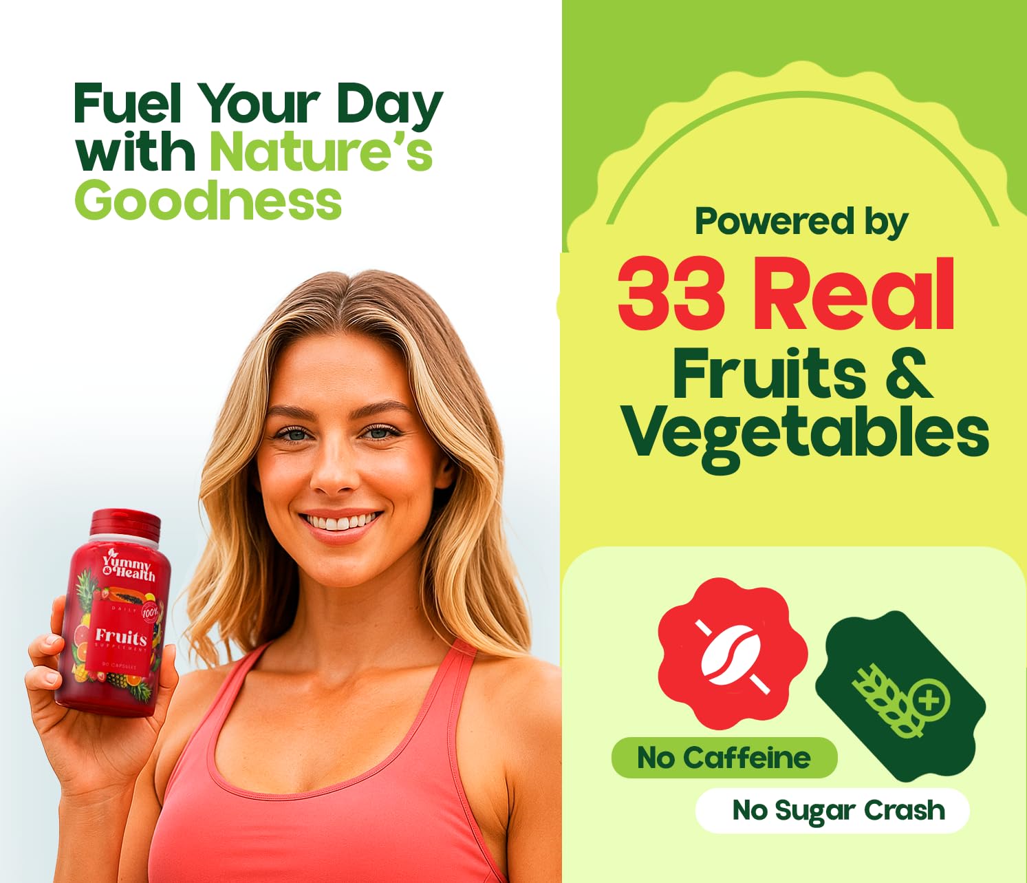 Yummy and Health bottle label highlighting vegan gluten free benefits.