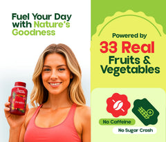 Yummy and Health bottle label highlighting vegan gluten free benefits.