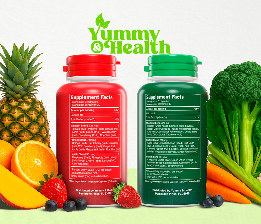 Assorted fruits and vegetables visuals behind Yummy and Health capsules.