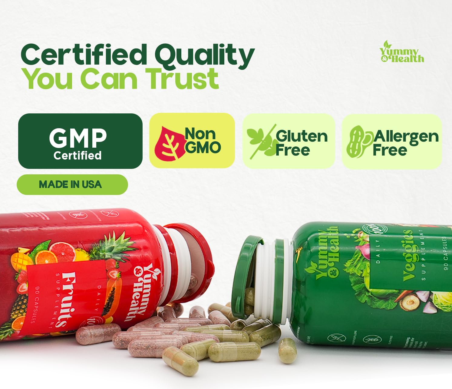 Vegan capsule formula from Yummy and Health for plant based nutrition.