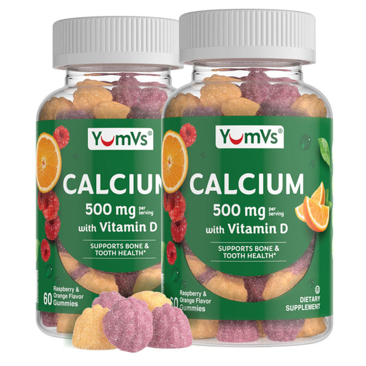 YUM-V'S Calcium 500mg with D3 bottle shows raspberry flavor for daily bone support