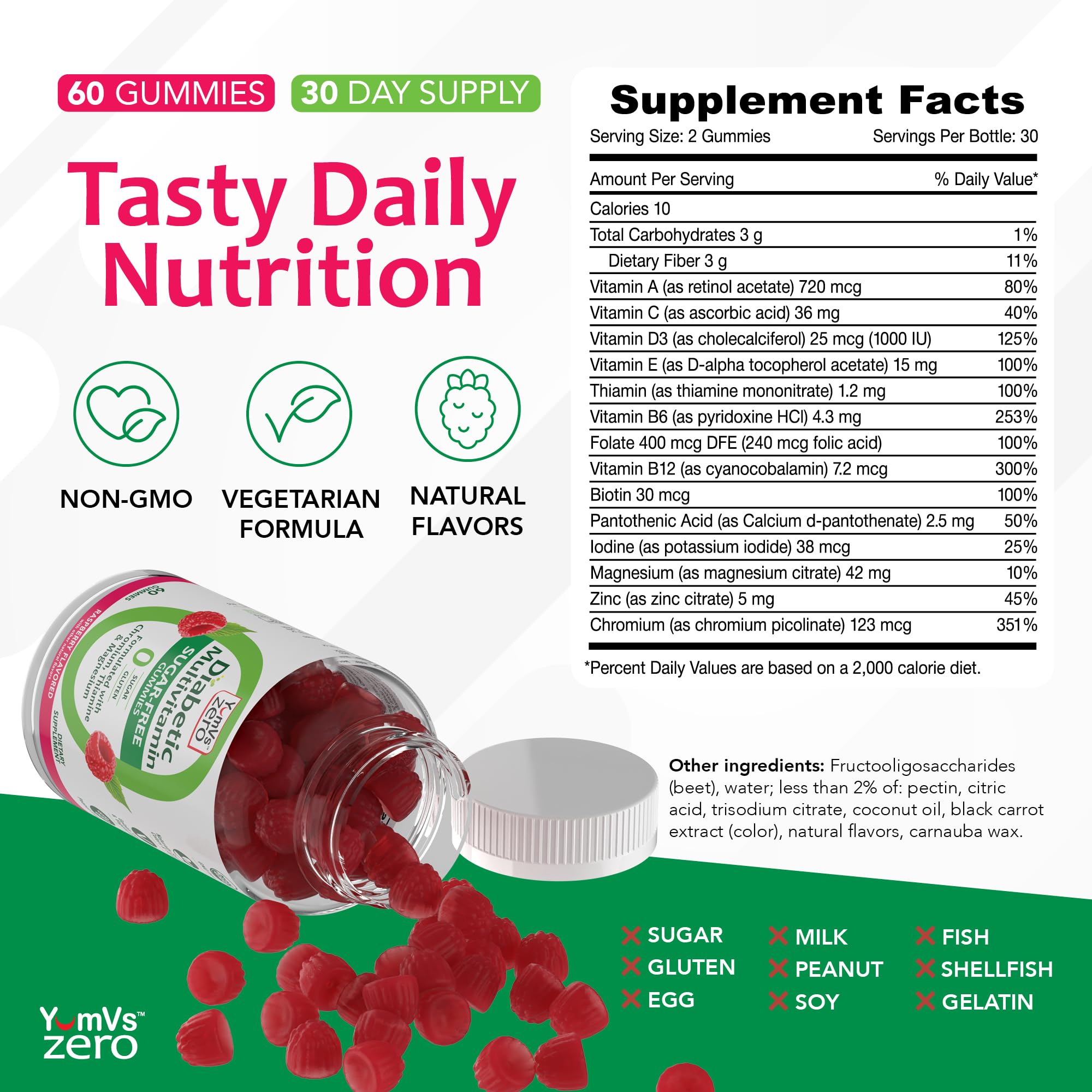 YUM-V'S ingredients label shows chromium-thiamine-magnesium for daily support.