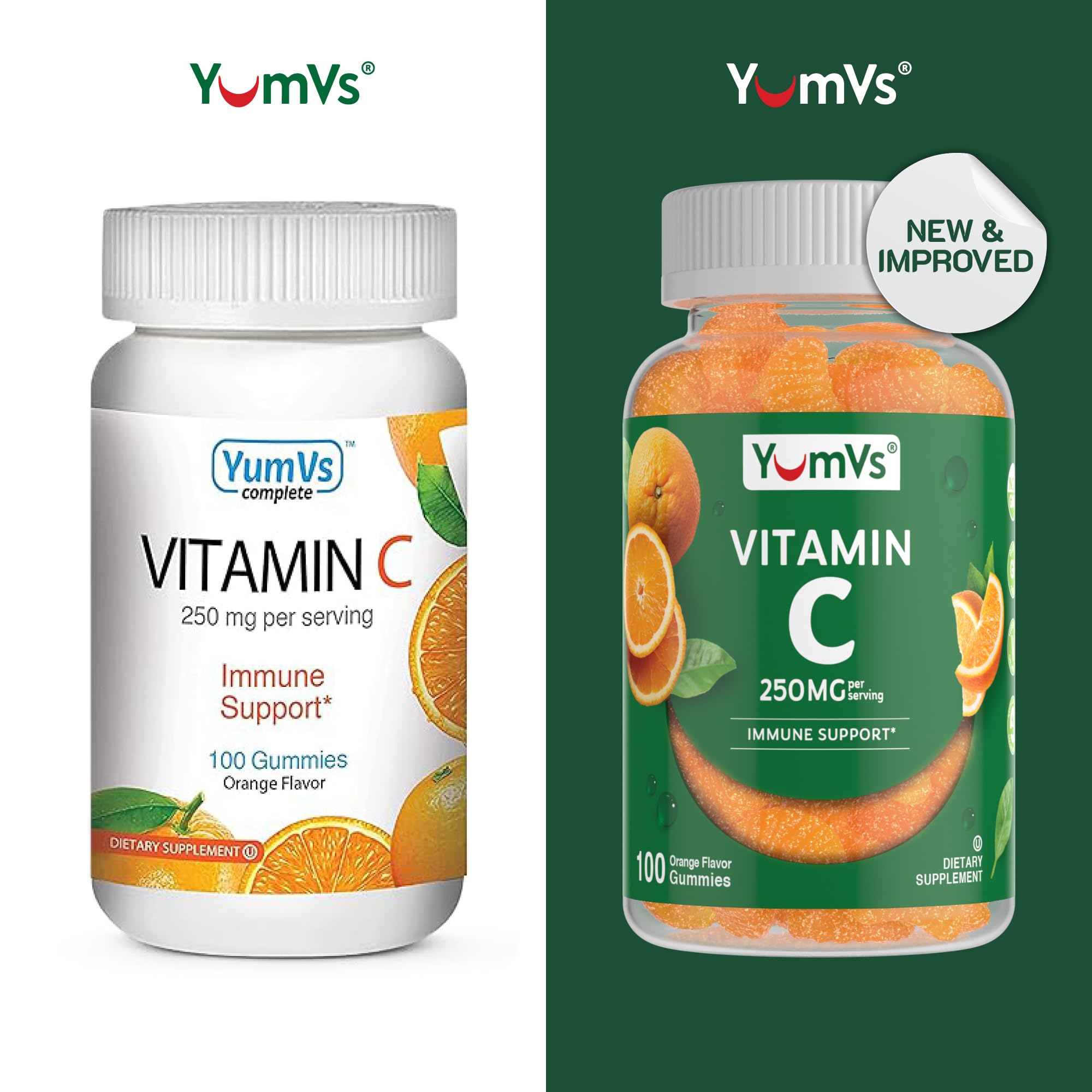 YumVs Vitamin C Gummies close-up shows chewy orange gummies for daily wellness