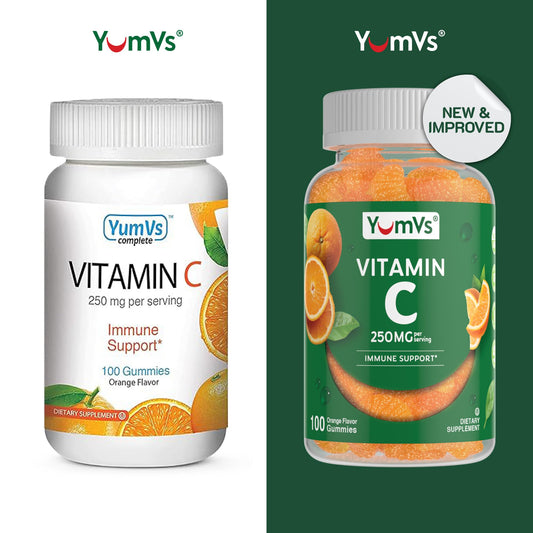 YumVs Vitamin C Gummies close-up shows chewy orange gummies for daily wellness