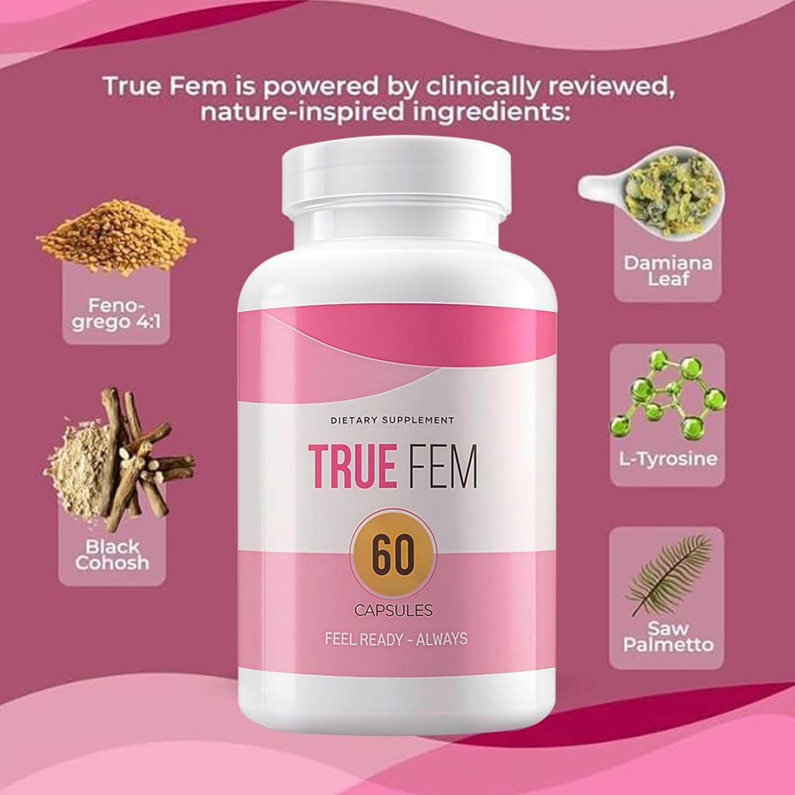 Yuonry True fem capsules ingredients close-up, plant-based formula for gentle balance