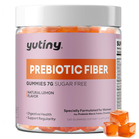 Yutiny Fiber Gummies for Women lemon flavor closeup highlighting a tasty daily digestion support.