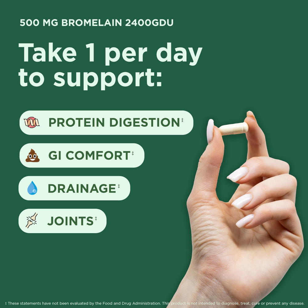 Yuve Bromelain 500mg bottle back shows ingredients and vegan, non-GMO profile.
