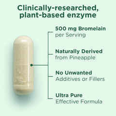 Yuve Bromelain capsules closeup reveals smooth capsules with natural-potency pineapple origin.