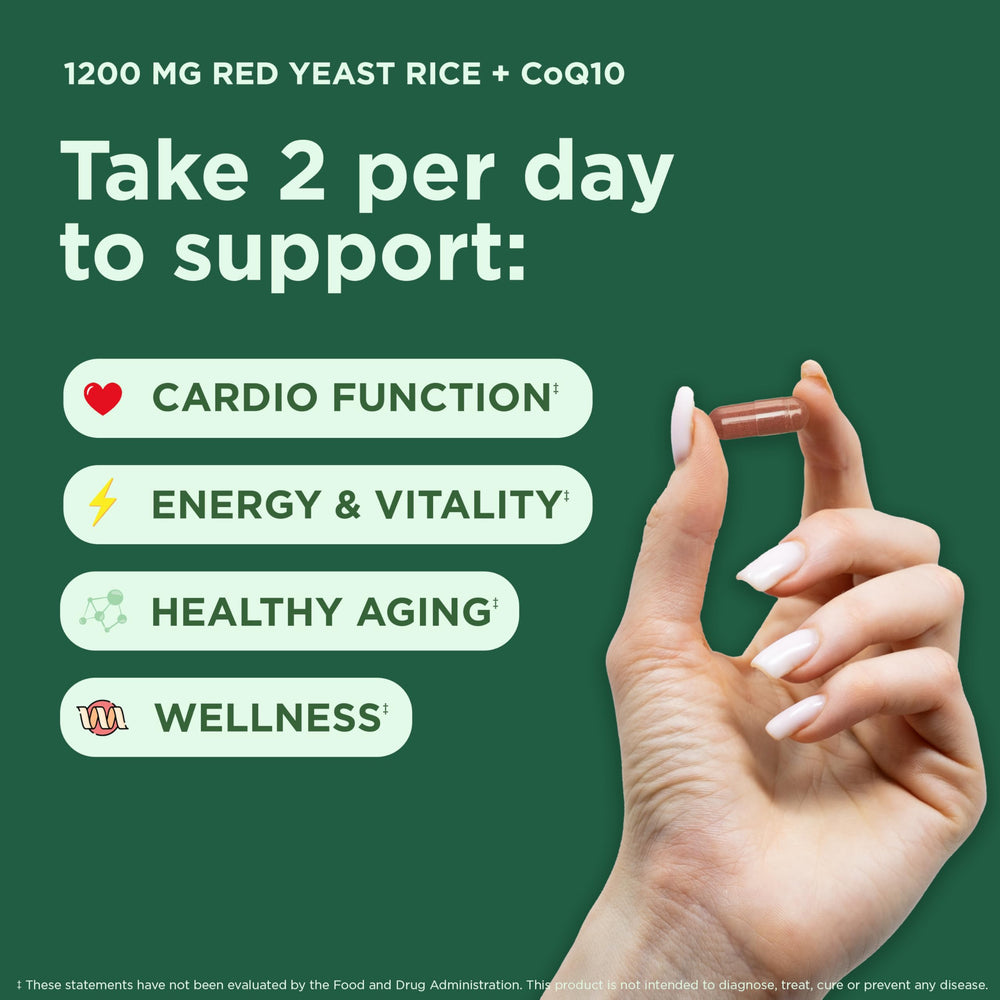 Close-up of Yuve capsules showing Monacolin K and CoQ10 in a bottle