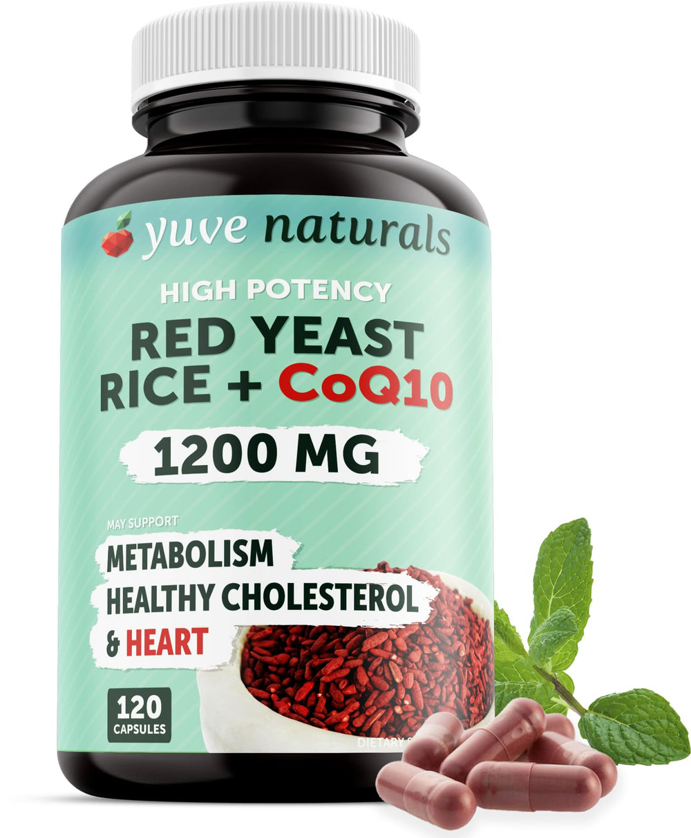 Yuve red yeast rice 1200 mg bottle with CoQ10 and Monacolin K for a two-in-one formula