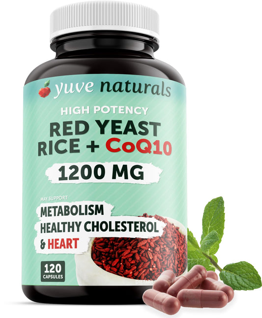 Yuve red yeast rice 1200 mg bottle with CoQ10 and Monacolin K for a two-in-one formula