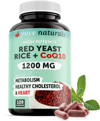 Yuve red yeast rice 1200 mg bottle with CoQ10 and Monacolin K for a two-in-one formula