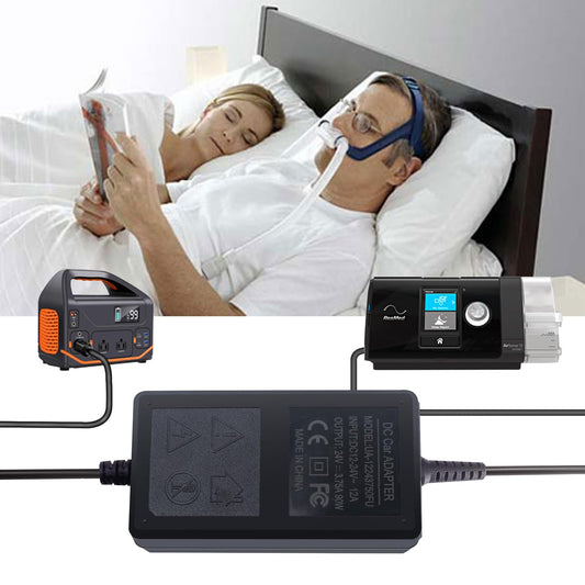 YXQZH AirSense 10 CPAP adapter connected in car, supports 12V and 24V power.
