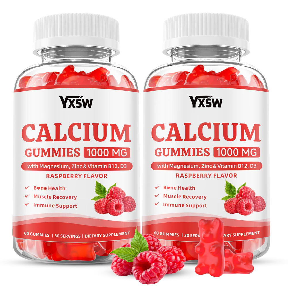 YXSW Calcium Gummies 1000mg raspberry bottle close-up for bone support.