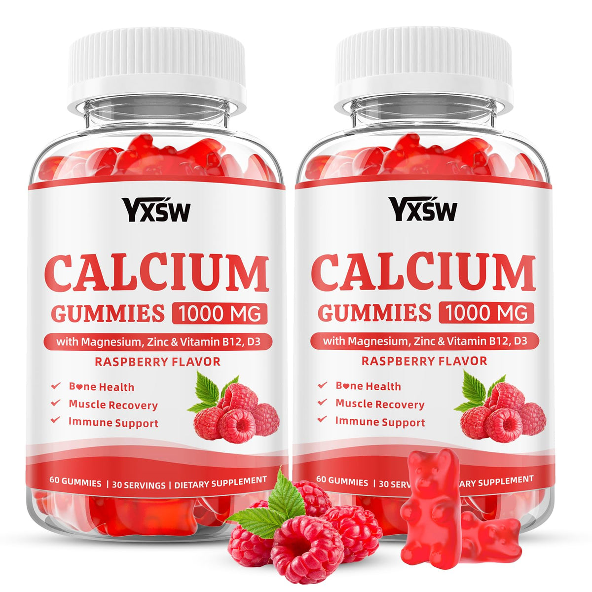 YXSW Calcium Gummies 1000mg raspberry bottle close-up for bone support.