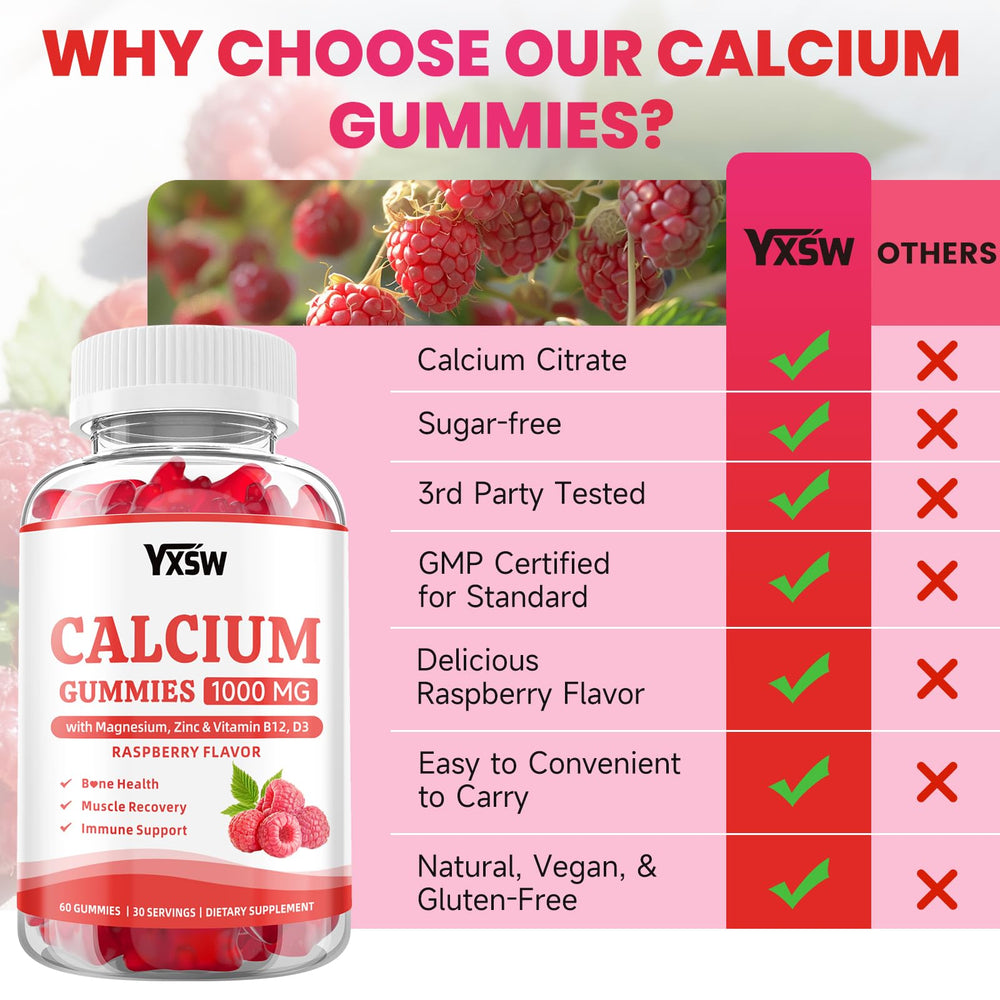 YXSW Calcium Gummies ingredients icons show non-GMO, gluten-free, dairy-free.