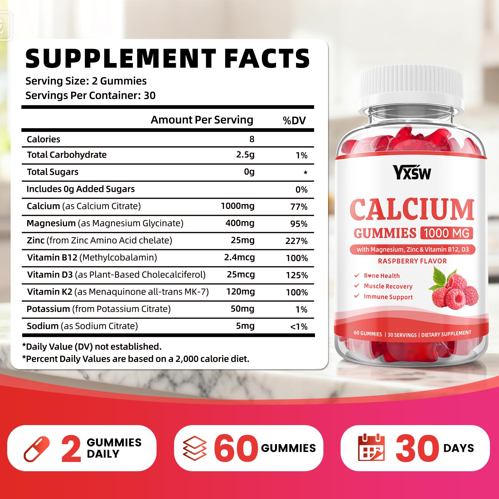 YXSW Calcium Gummies raspberry gummy close-up for immune support.