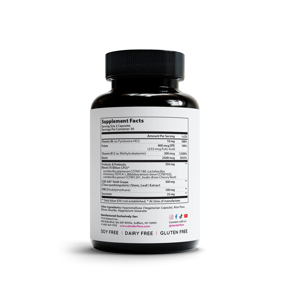 YYUX SlenderFlora box packaging highlights 70 billion CFU and hormone-friendly formula.