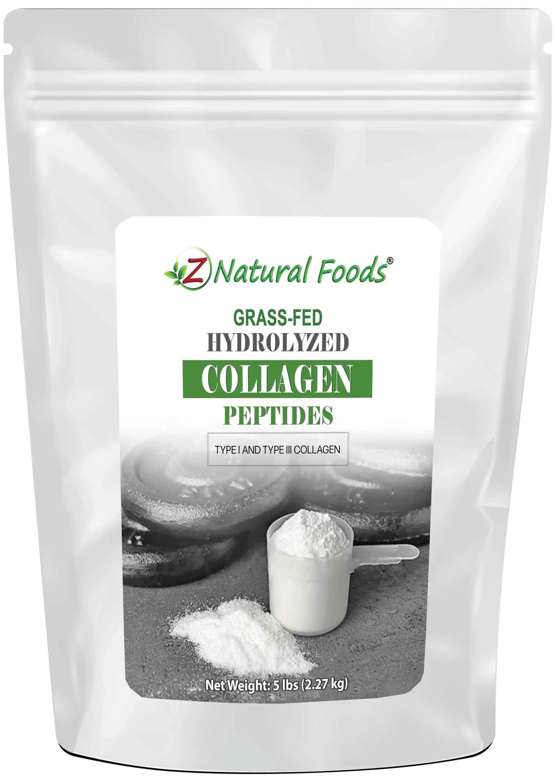 Z Natural Foods collagen peptides powder bottle, premium supplement for daily skincare and joint care.