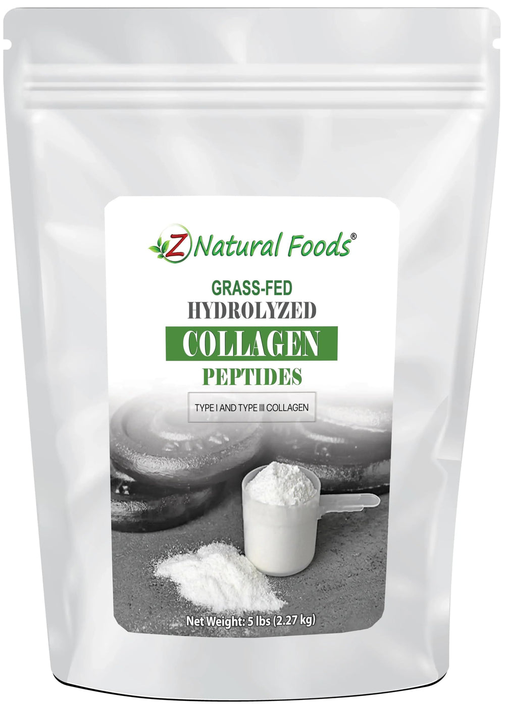 Z Natural Foods collagen peptides powder bottle, premium supplement for daily skincare and joint care.
