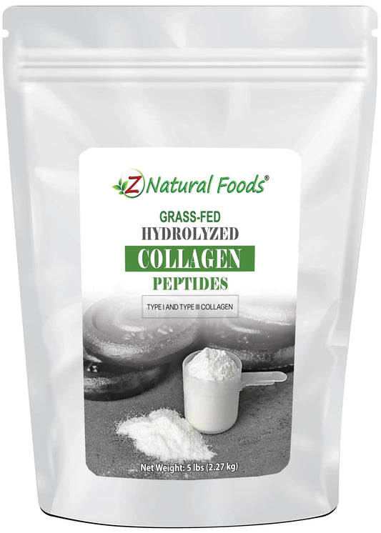 Z Natural Foods collagen peptides powder bottle, premium supplement for daily skincare and joint care.