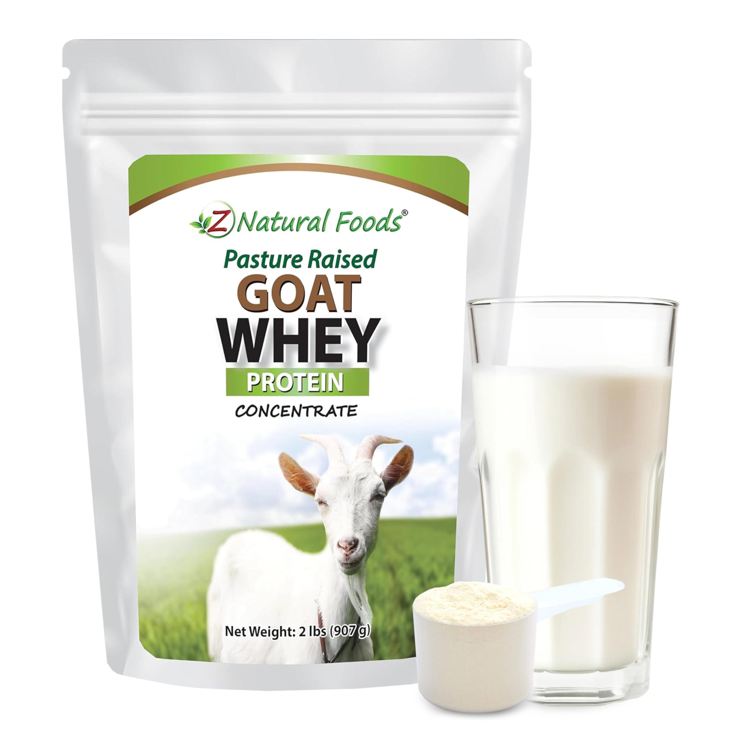 Z Natural Foods Goat Whey Powder bottle showcases undenatured protein for clean workouts.