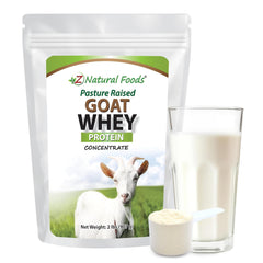 Z Natural Foods Goat Whey Powder bottle showcases undenatured protein for clean workouts.