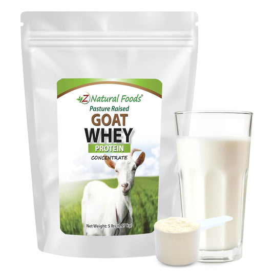 Z Natural Foods Goat Whey Powder container showing pure undenatured protein for daily nutrition