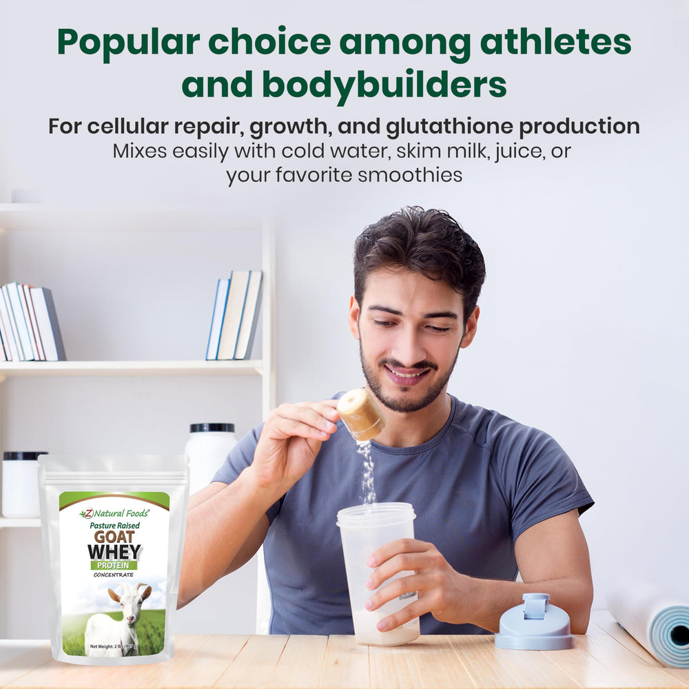 Z Natural Foods Goat Whey Powder fitness lifestyle shot signals reliable daily protein support.