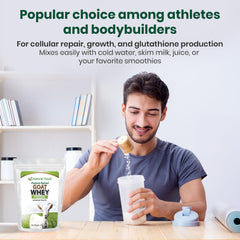 Z Natural Foods Goat Whey Powder fitness lifestyle shot signals reliable daily protein support.