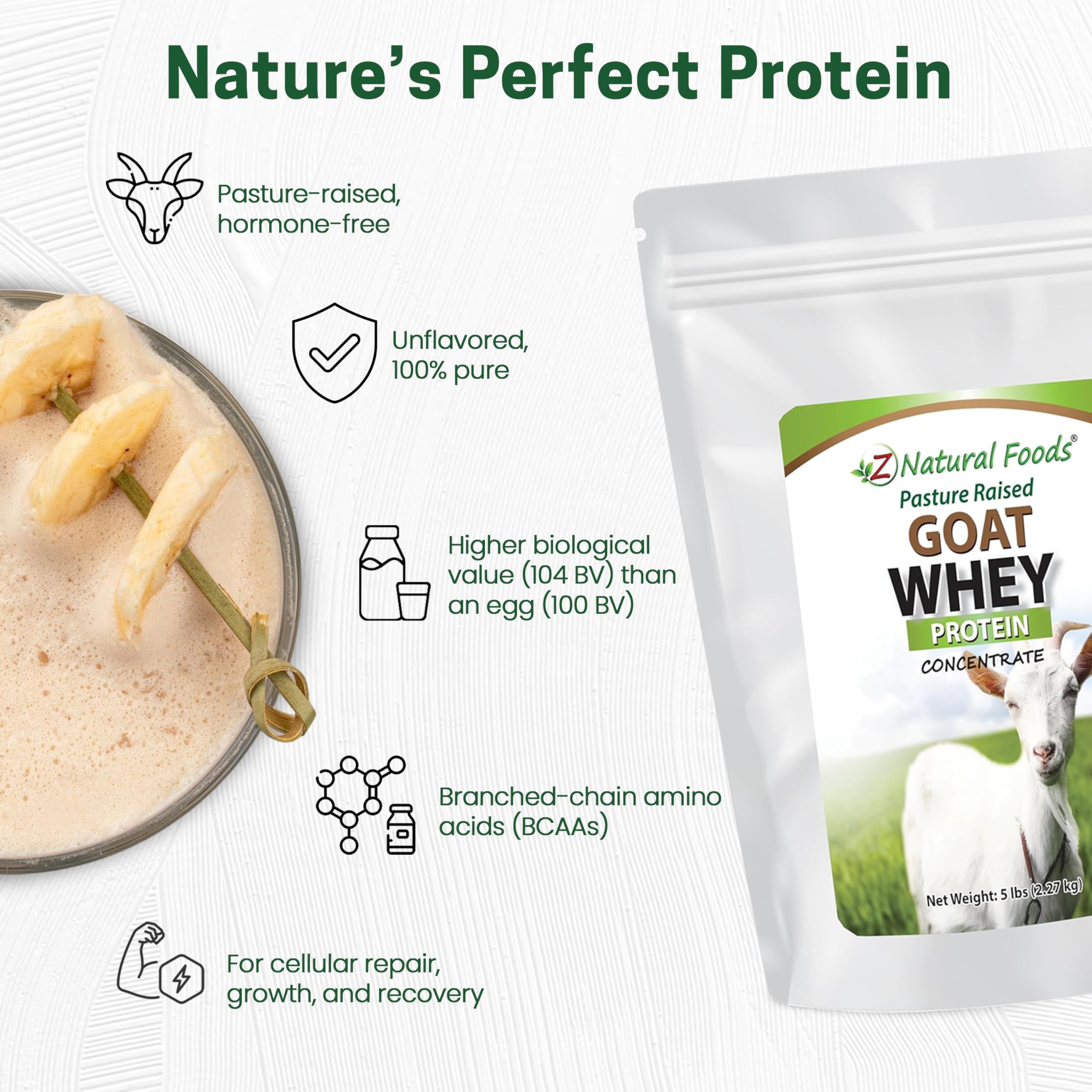 Close-up of ingredients highlighting essential amino acids in goat whey powder