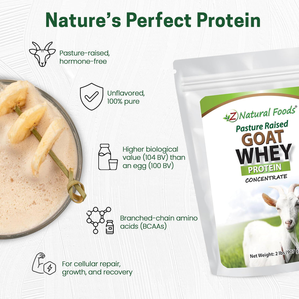 Z Natural Foods Goat Whey Powder label closeup highlights undenatured protein after pasteurization.