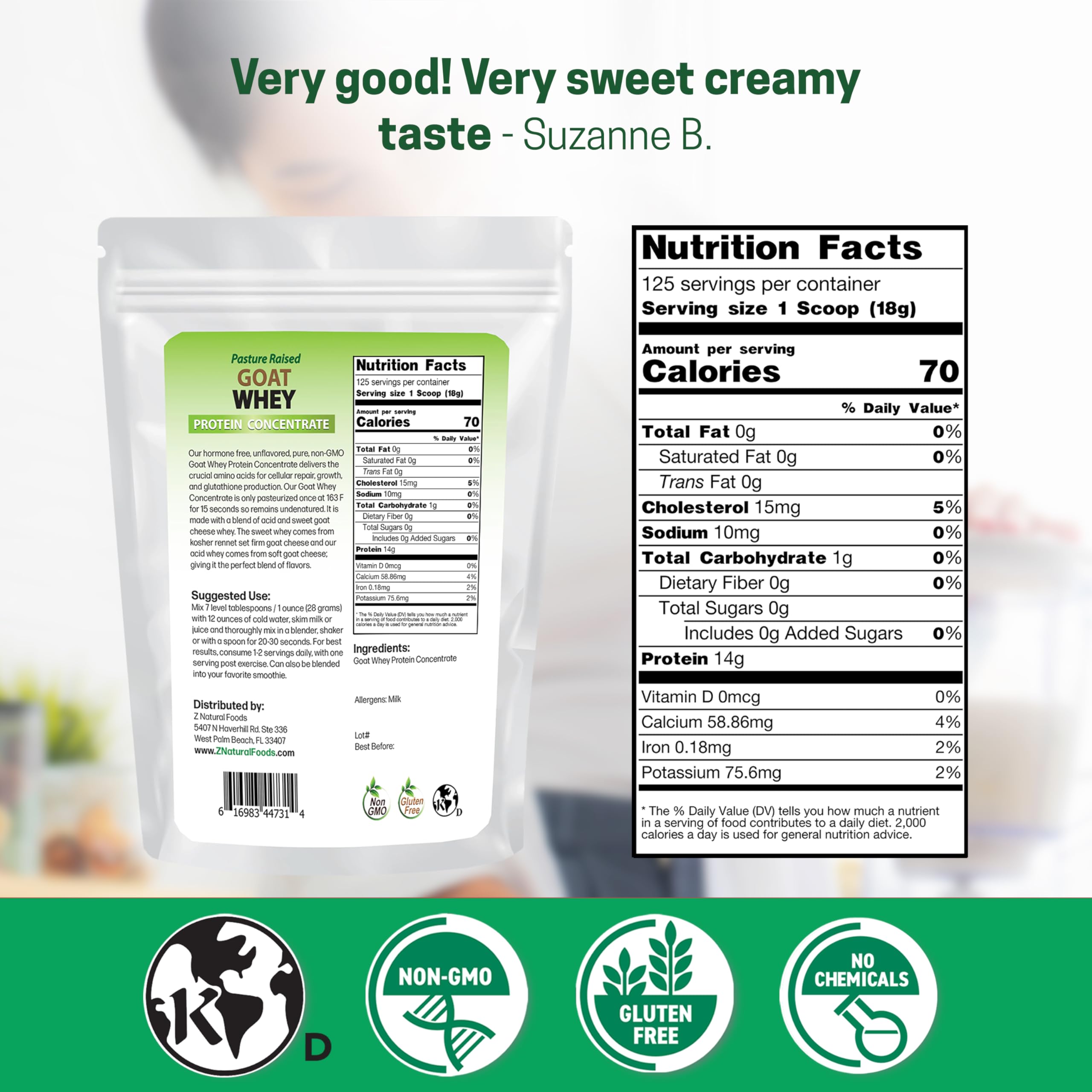 Z Natural Foods goat whey powder being poured demonstrates smooth mixability for shakes
