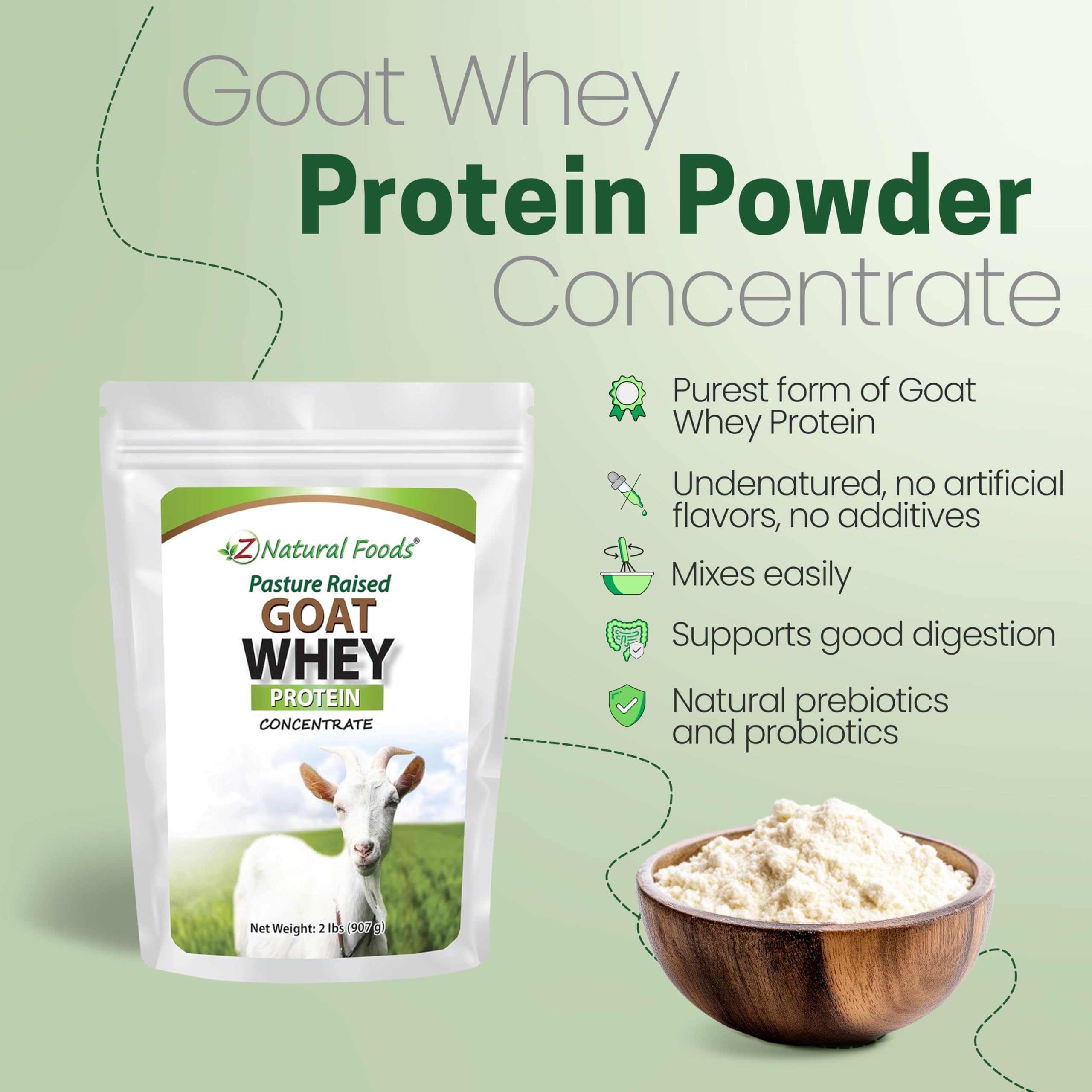 Z Natural Foods Goat Whey Powder pour captures fast-absorbing protein for post-workout meals.