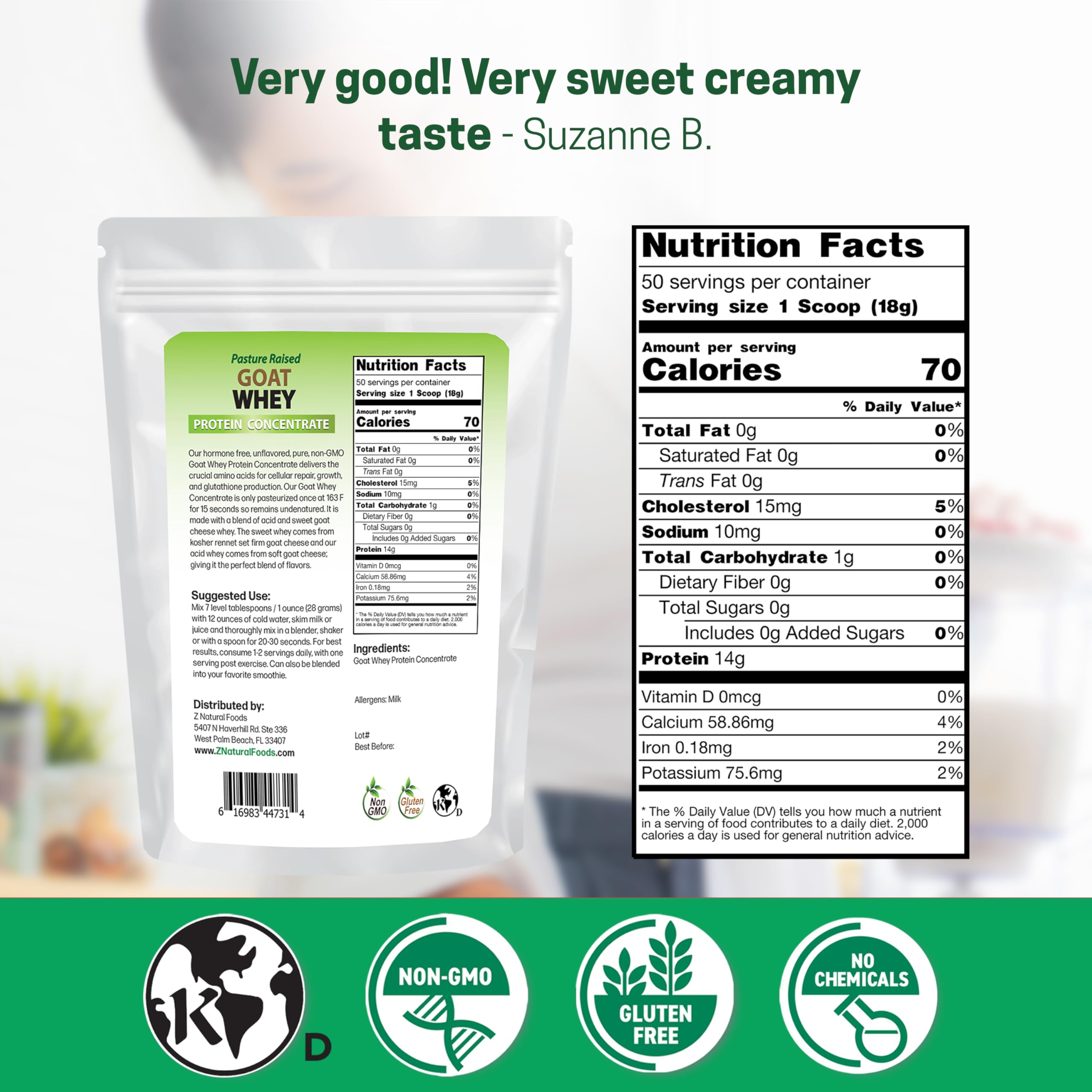 Z Natural Foods Goat Whey Powder scoop demonstrates convenient daily protein supplementation.