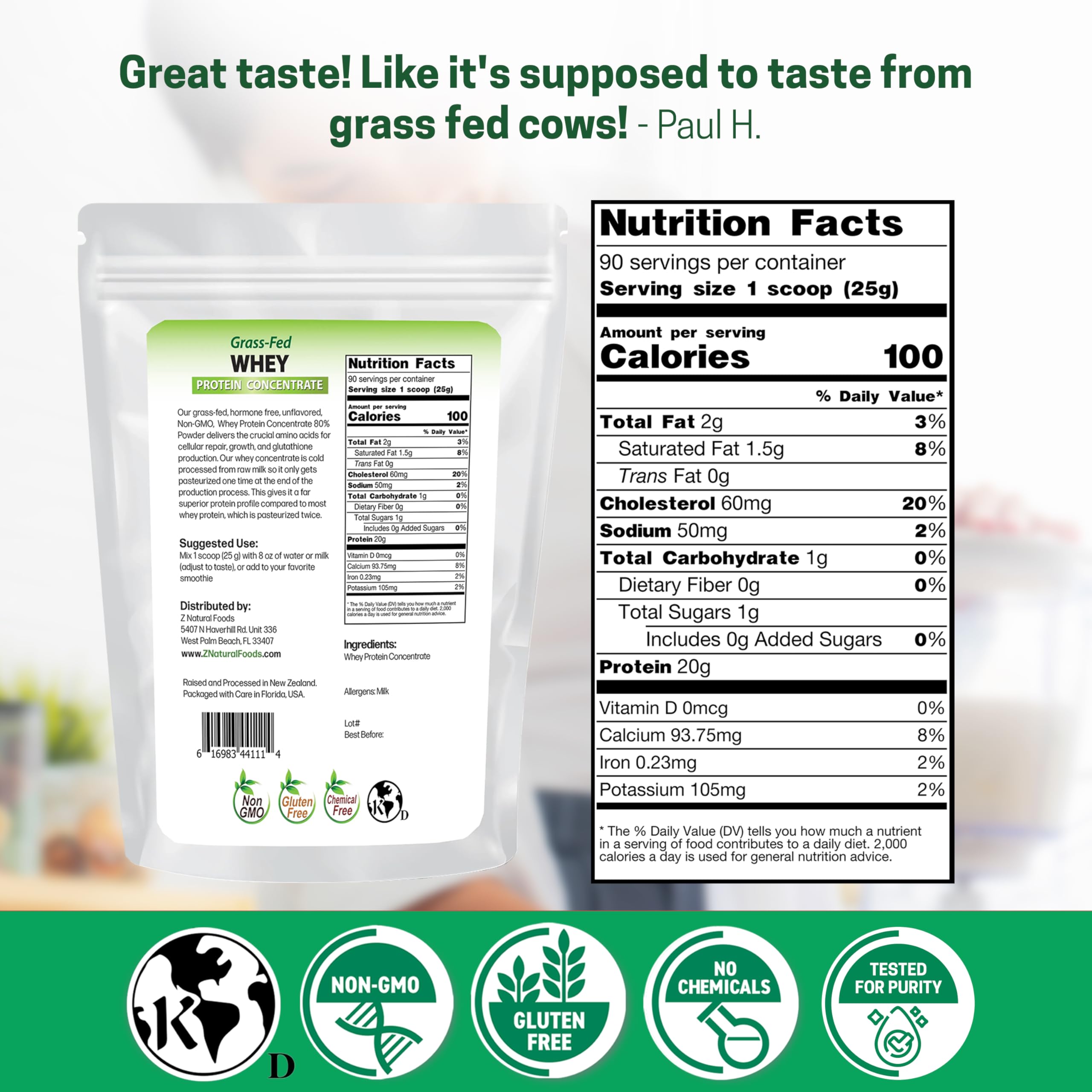 Close-up of Z Natural Foods grass-fed whey powder for smooth mixing