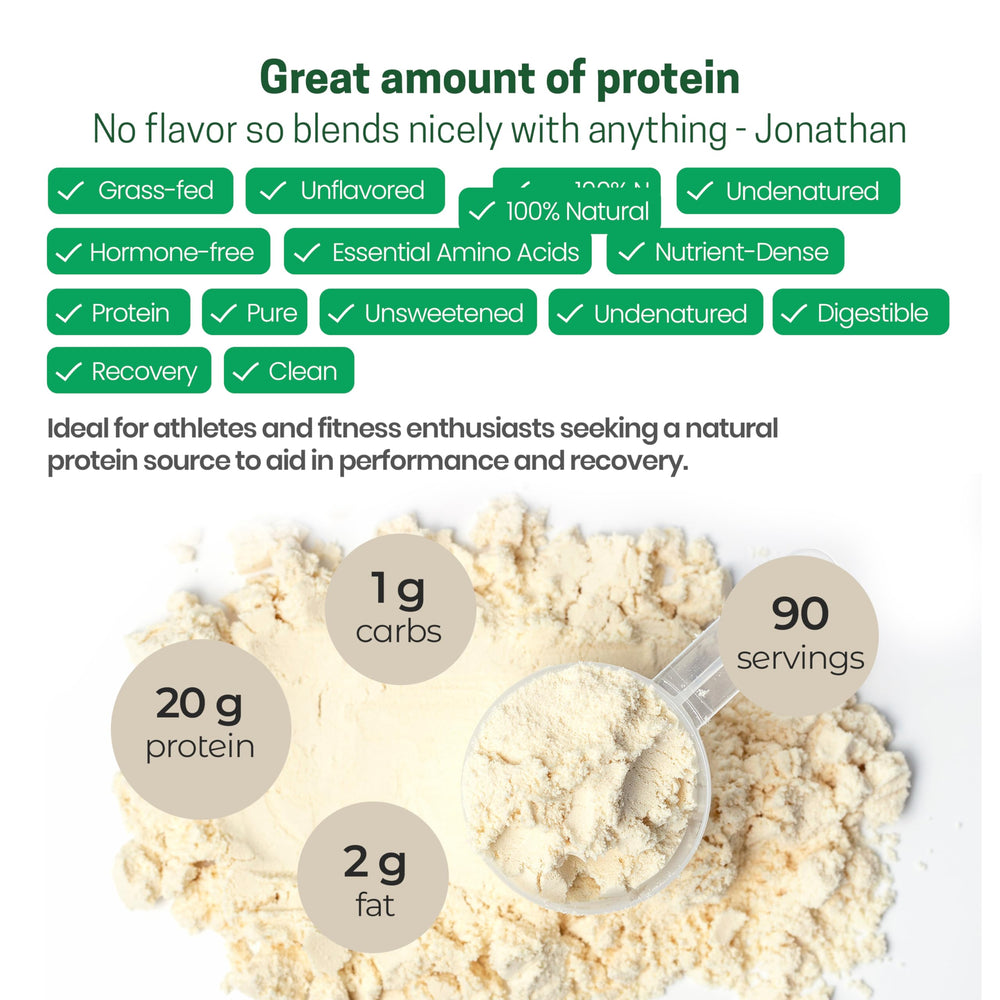 Versatile unflavored whey powder blends into shakes