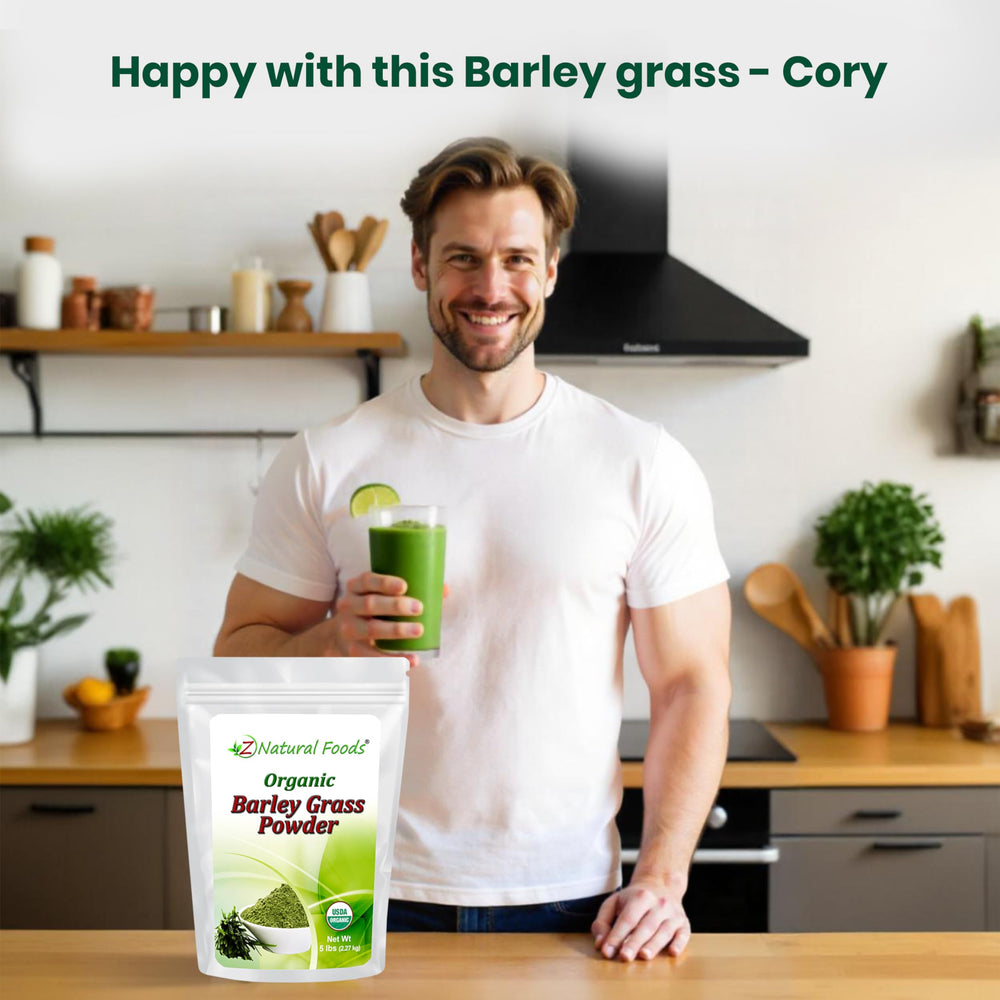Z Natural Foods Organic Barley Grass Powder label emphasizing organic and vegan status