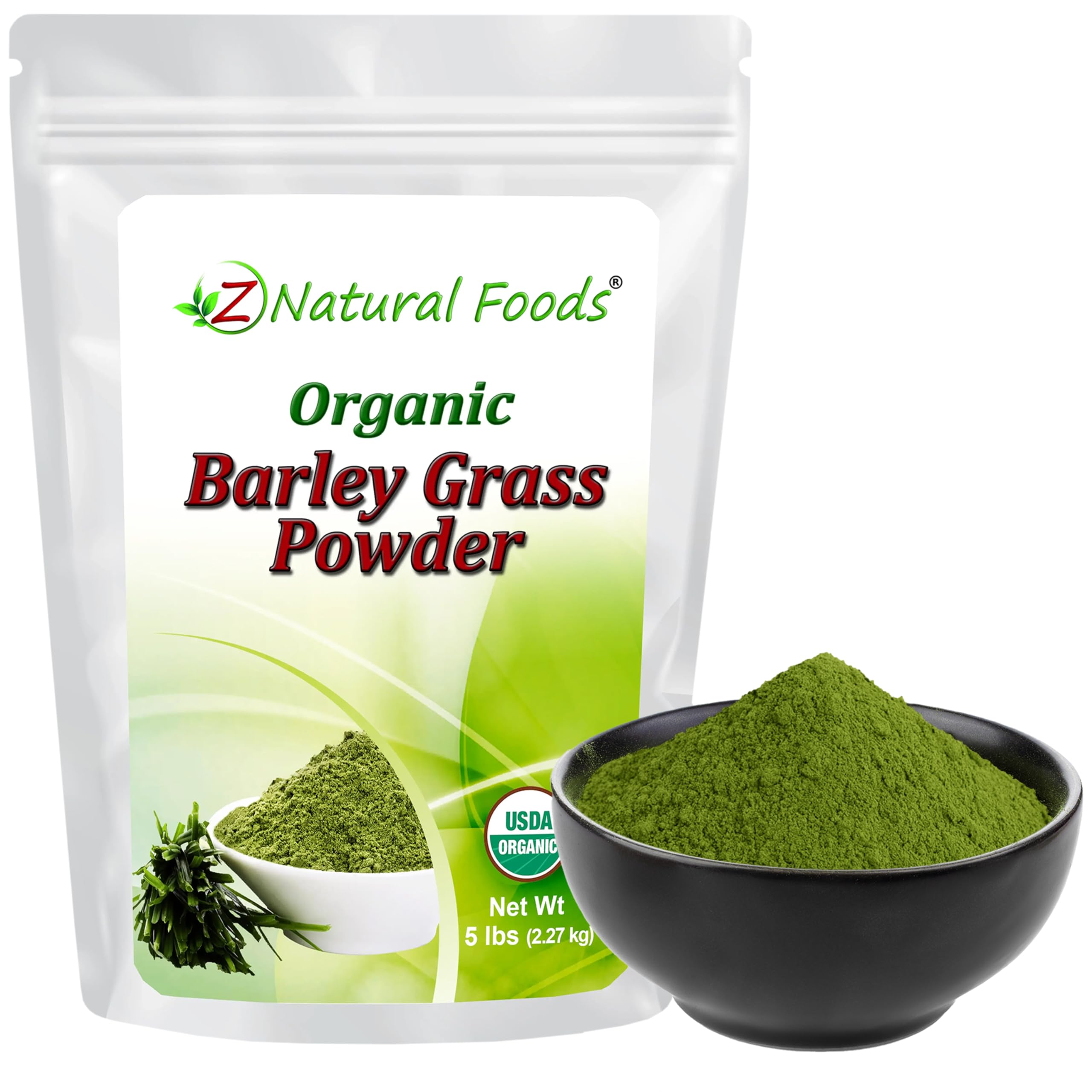 Z Natural Foods Organic Barley Grass Powder packshot highlighting organic greens for daily nourishment