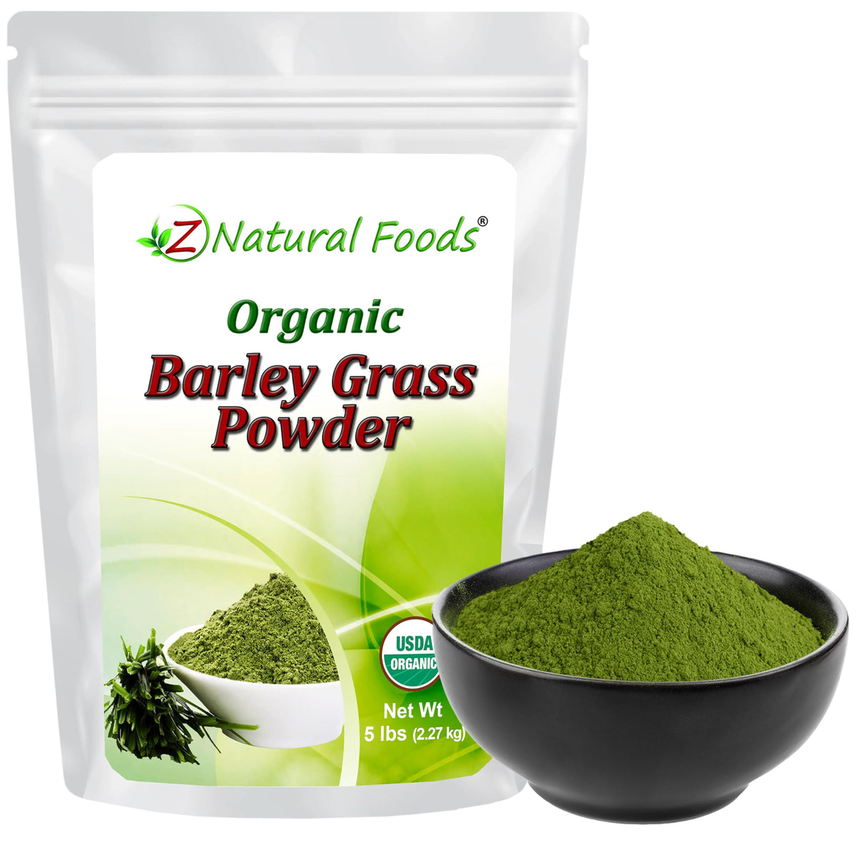 Z Natural Foods Organic Barley Grass Powder packshot highlighting organic greens for daily nourishment