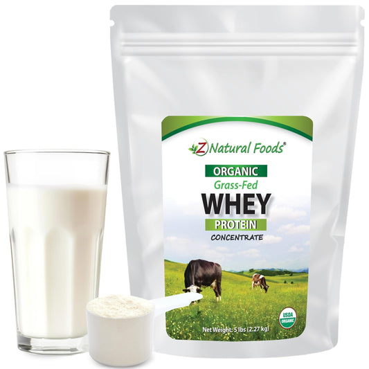 Z Natural Foods Organic Grass-Fed Whey Powder being poured for a post-workout shake