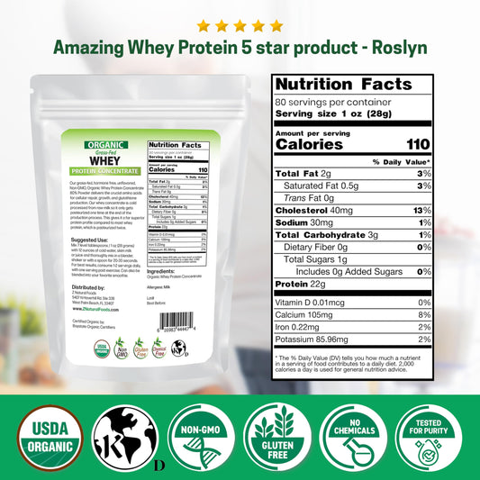 Z Natural Foods Organic Grass-Fed Whey Powder scoop shows 28g protein per serving for muscle support