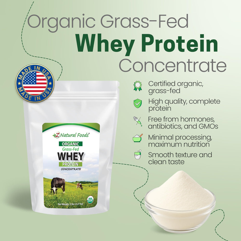 Z Natural Foods Organic Grass-Fed Whey Powder blended into a smoothie with fruit for extra protein