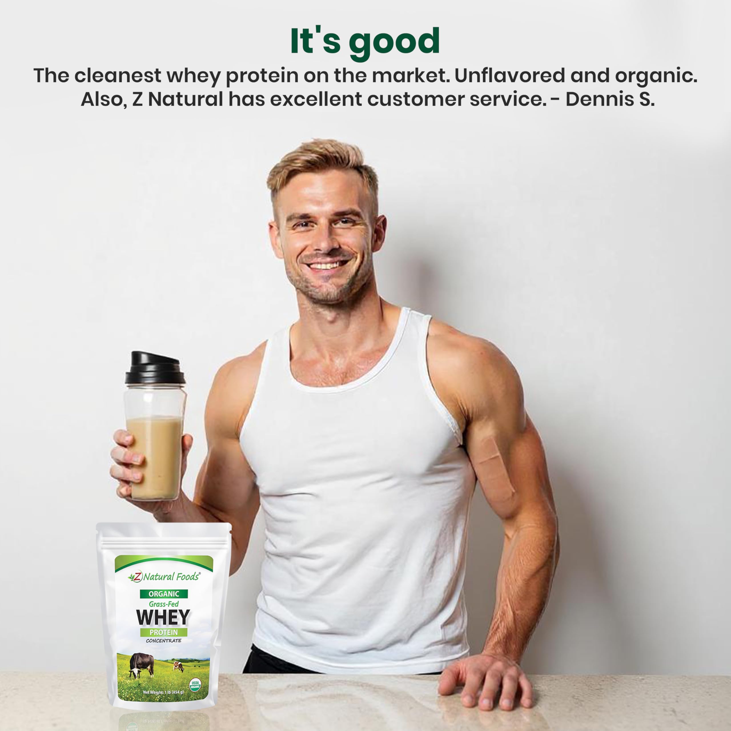 Z Natural Foods Organic Grass-Fed Whey bottle emphasizes clean sourcing and nutrition.