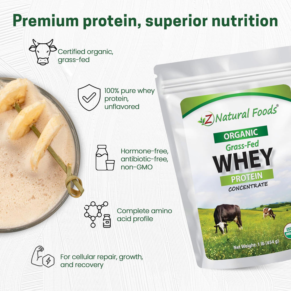 Z Natural Foods Organic Grass-Fed Whey close-up reveals premium undenatured protein.