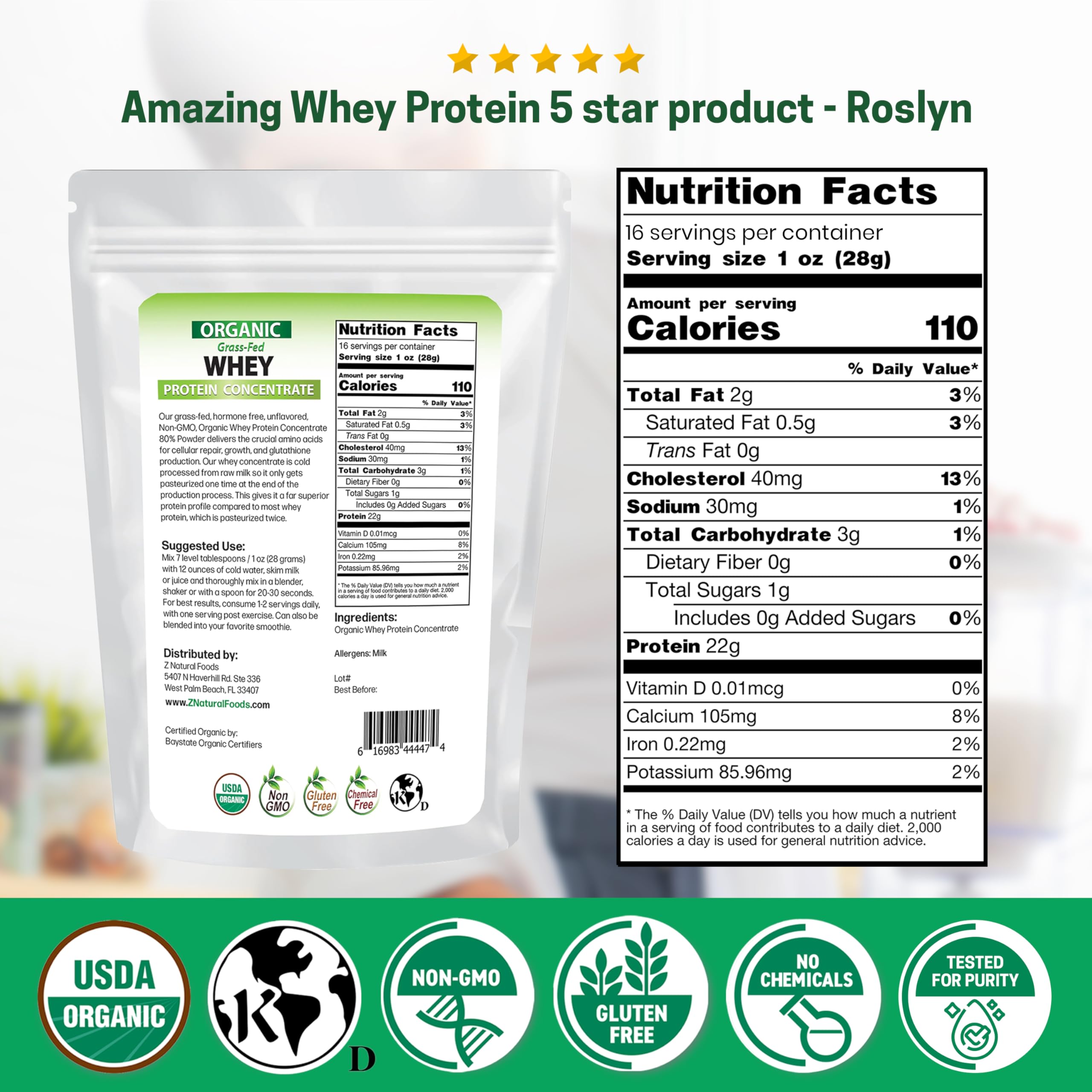 Z Natural Foods Organic Grass-Fed Whey protein pours into a shaker for post-workout nourishment.