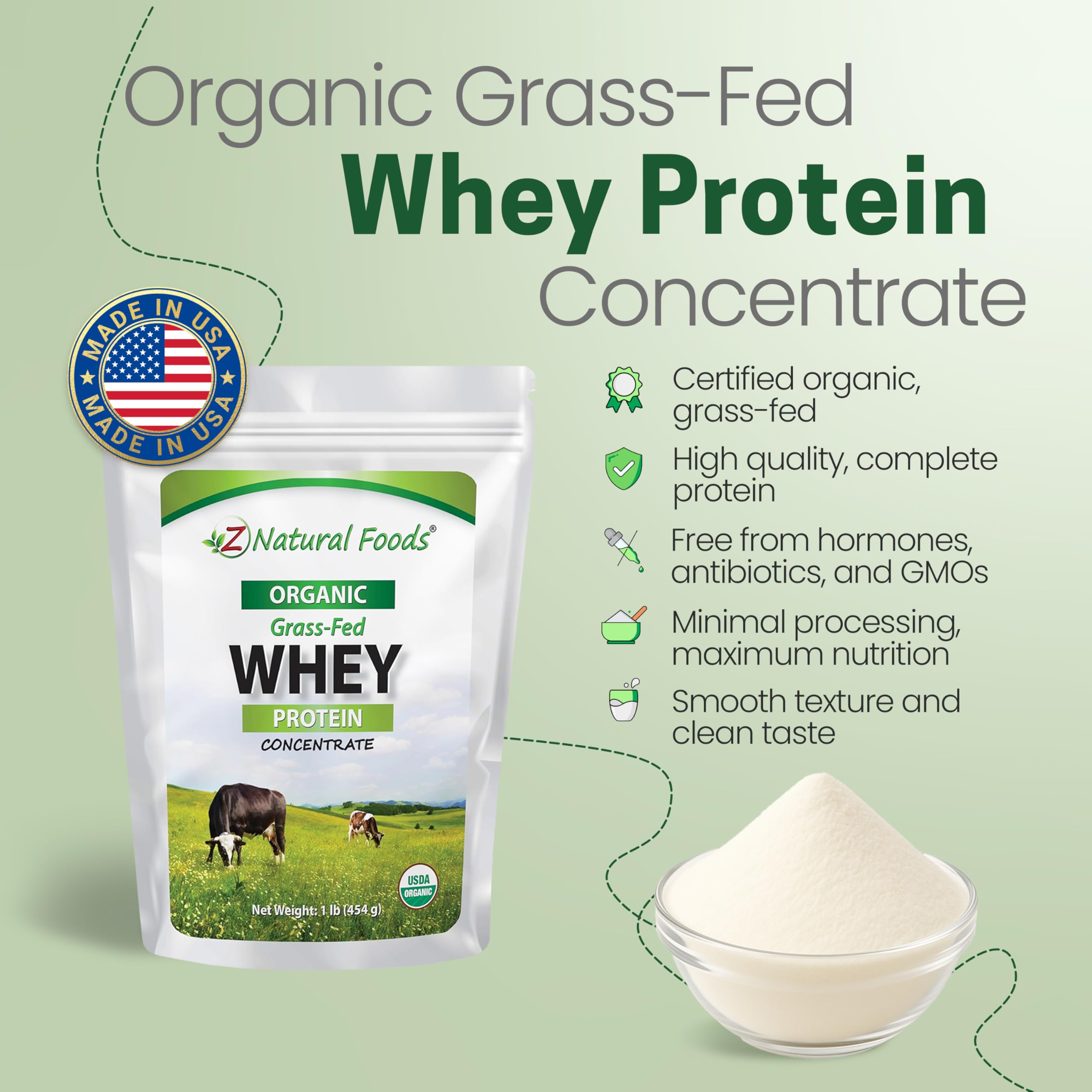 Z Natural Foods Organic Grass-Fed Whey protein scoop ready for smoothies and recipes.